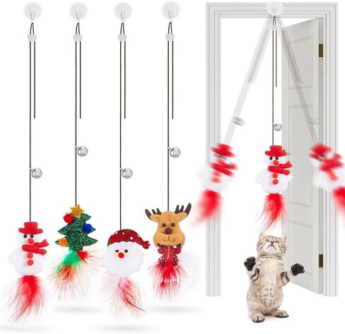 4 Pcs Halloween Cat Toy Hanging Door Interactive Halloween Cat Feather Toys with 74.8 Inch Long Elastic Rope Retractable Kitten Toys with Bell for Halloween Indoor Cats Kitten, 4 Styles in Saudi Arabia