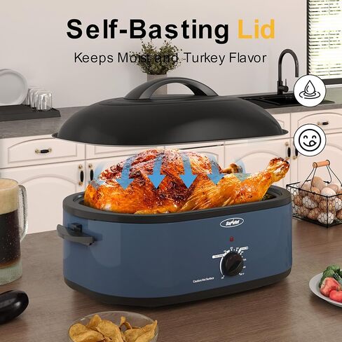 Royalcraft Roaster Oven with Self-Basting Lid, 18qt Electric Roaster with Removable Pan & Rack, Turkey Roaster Oven with Defrost & Warm Function, Stainless Steel, Blue in Saudi Arabia