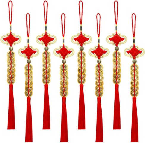 WILLBOND 8 Pieces 2025 Chinese Good Lucky Coins Charms Feng Shui 8 Coin Pendant Chinese Knot New Year Fortune Hanging Decorations, Means Wealth and Success in Saudi Arabia