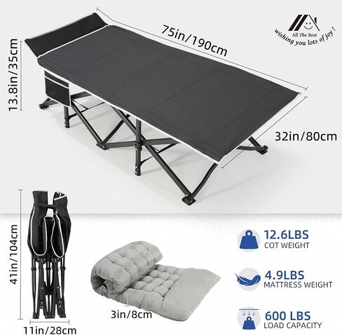 Camping Cot with Mattress, 32" Extra Wide Camping Cots for Adults, Sleeping Cot for Adults Holds Up to 600LBS, Cots for Sleeping, Camp, Rv, Beach, Patio, Office Naps(Black) in Saudi Arabia