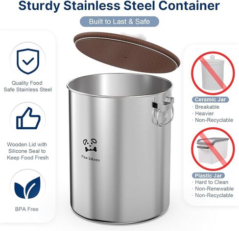 حاوية تخزين طعام الكلاب الكبيرة من الفولاذ المقاوم للصدأ بوزن 24-25 رطلاً مع غطاء خشبي محكم للحفاظ على الطعام طازجًا، حاويات طعام الكلاب المعدنية مع مقبض من السيراميك، صندوق طعام الكلاب سهل التنظيف، وعاء حاوية طعام القطط in Kuwait