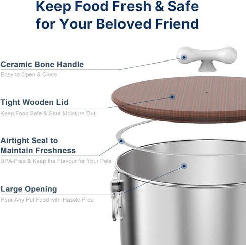 حاوية تخزين طعام الكلاب الكبيرة من الفولاذ المقاوم للصدأ بوزن 24-25 رطلاً مع غطاء خشبي محكم للحفاظ على الطعام طازجًا، حاويات طعام الكلاب المعدنية مع مقبض من السيراميك، صندوق طعام الكلاب سهل التنظيف، وعاء حاوية طعام القطط in Kuwait