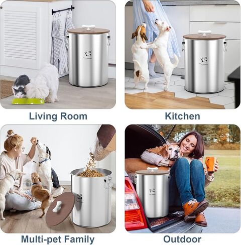 حاوية تخزين طعام الكلاب الكبيرة من الفولاذ المقاوم للصدأ بوزن 24-25 رطلاً مع غطاء خشبي محكم للحفاظ على الطعام طازجًا، حاويات طعام الكلاب المعدنية مع مقبض من السيراميك، صندوق طعام الكلاب سهل التنظيف، وعاء حاوية طعام القطط in Kuwait