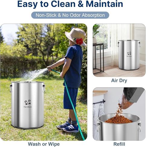 حاوية تخزين طعام الكلاب الكبيرة من الفولاذ المقاوم للصدأ بوزن 24-25 رطلاً مع غطاء خشبي محكم للحفاظ على الطعام طازجًا، حاويات طعام الكلاب المعدنية مع مقبض من السيراميك، صندوق طعام الكلاب سهل التنظيف، وعاء حاوية طعام القطط in Kuwait