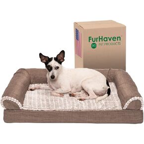 Furhaven Memory Foam Dog Bed for Large Dogs w/ Removable Bolsters & Washable Cover, For Dogs Up to 95 lbs - Luxe Faux Fur & Performance Linen Sofa - Woodsmoke, Jumbo/XL, 40.0"L x 32.0"W x 8.0"Th in Saudi Arabia
