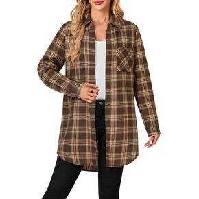 OPOIPIN Women's Casual Mid-Long Flannel Shirt Plaid Collar Button Down Long Sleeve Blouse Top in Kuwait