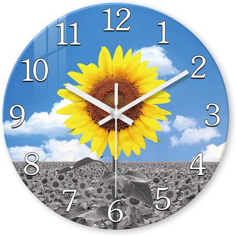 XFM زجاج عباد الشمس ساعة جدار ديكور أصفر ساعة حائط تناظرية بطارية تعمل 12 بوصة ساعة حائط صامتة لغرفة النوم مزرعة ساعة حائط ريفية in Kuwait