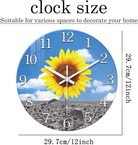 XFM زجاج عباد الشمس ساعة جدار ديكور أصفر ساعة حائط تناظرية بطارية تعمل 12 بوصة ساعة حائط صامتة لغرفة النوم مزرعة ساعة حائط ريفية in Kuwait