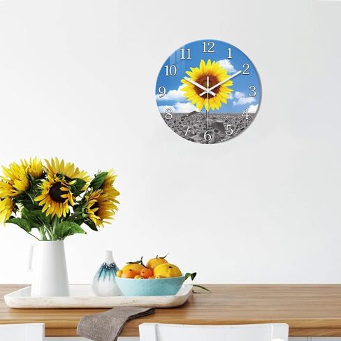 XFM زجاج عباد الشمس ساعة جدار ديكور أصفر ساعة حائط تناظرية بطارية تعمل 12 بوصة ساعة حائط صامتة لغرفة النوم مزرعة ساعة حائط ريفية in Kuwait