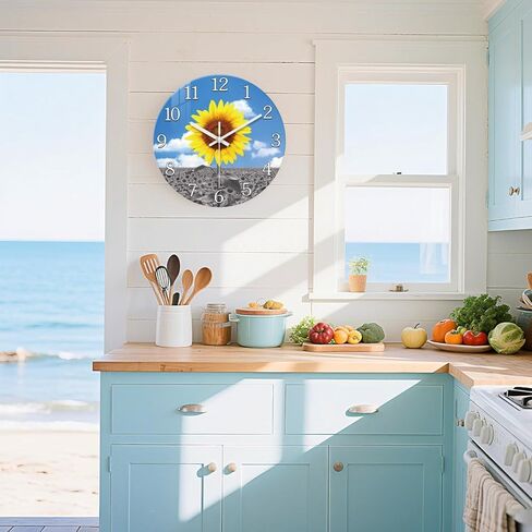 XFM زجاج عباد الشمس ساعة جدار ديكور أصفر ساعة حائط تناظرية بطارية تعمل 12 بوصة ساعة حائط صامتة لغرفة النوم مزرعة ساعة حائط ريفية in Kuwait