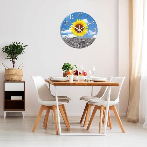 XFM زجاج عباد الشمس ساعة جدار ديكور أصفر ساعة حائط تناظرية بطارية تعمل 12 بوصة ساعة حائط صامتة لغرفة النوم مزرعة ساعة حائط ريفية in Kuwait