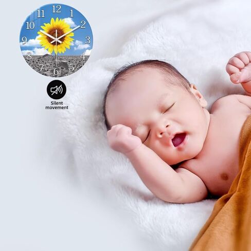 XFM زجاج عباد الشمس ساعة جدار ديكور أصفر ساعة حائط تناظرية بطارية تعمل 12 بوصة ساعة حائط صامتة لغرفة النوم مزرعة ساعة حائط ريفية in Kuwait