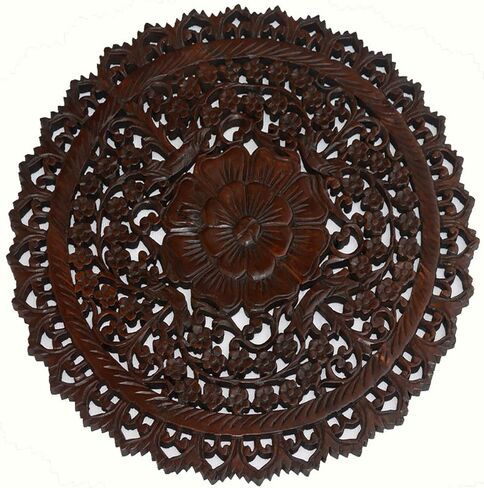 Tropical Bali Wood Carved Wall Art Plaque. Round Wood Wall Decor. Floral Wood Wall Hanging. 24" (Brown) in Saudi Arabia