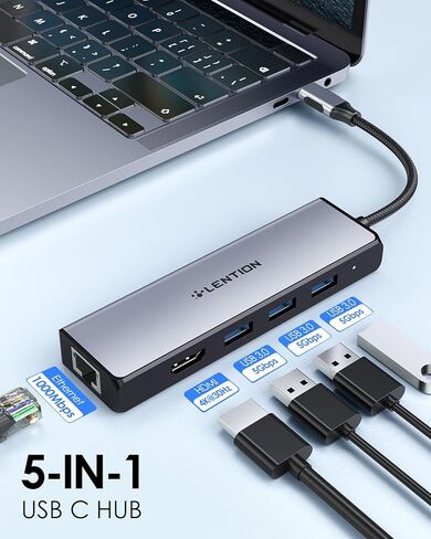 موزع LENTION USB C مع منفذ جيجابت إيثرنت، 4K HDMI، 3 USB 3.0 Dongle لـ 2023-2016 MacBook Pro 13/14/15/16، New Mac Air & Surface، Chromebook، المزيد، برنامج تشغيل ثابت معتمد (CB-C25، أزرق) in Saudi Arabia