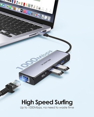 موزع LENTION USB C مع منفذ جيجابت إيثرنت، 4K HDMI، 3 USB 3.0 Dongle لـ 2023-2016 MacBook Pro 13/14/15/16، New Mac Air & Surface، Chromebook، المزيد، برنامج تشغيل ثابت معتمد (CB-C25، أزرق) in Saudi Arabia
