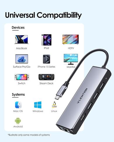 موزع LENTION USB C مع منفذ جيجابت إيثرنت، 4K HDMI، 3 USB 3.0 Dongle لـ 2023-2016 MacBook Pro 13/14/15/16، New Mac Air & Surface، Chromebook، المزيد، برنامج تشغيل ثابت معتمد (CB-C25، أزرق) in Saudi Arabia