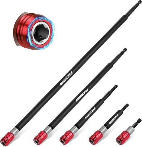 Magnetic Screwdriver Bit Holder Set: 5-Piece 1/4 Inch Hex Shank Quick Release Extension Adapter | Super Straight Durable CR-V Steel | Universal Fit for Impact Driver Bits | 2", 4", 6", 12", 17" Long in Saudi Arabia