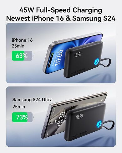 INIU Portable Charger, Slimmest 10000mAh Power Bank with Build in USB-C Cable, 20W PD Fast Charging USB C in&Out Battery Pack, External Phone Charger for iPhone 16 15 14 13 Samsung S22 S21 Google etc in Kuwait