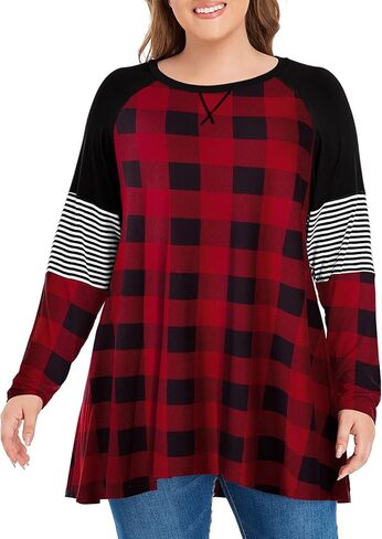MONNURO Womens Plus Size Long Sleeve Shirts Color Block Stripe Loose Swing Tunic Tops?Red Plaid,5X in Saudi Arabia