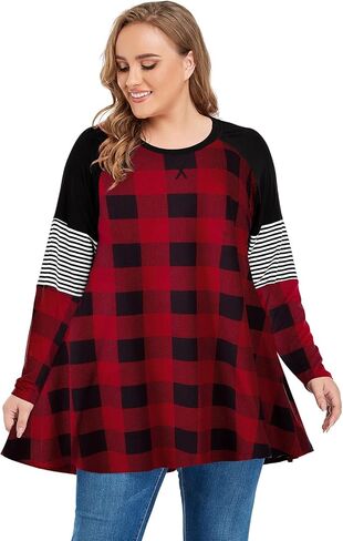 MONNURO Womens Plus Size Long Sleeve Shirts Color Block Stripe Loose Swing Tunic Tops?Red Plaid,5X in Saudi Arabia