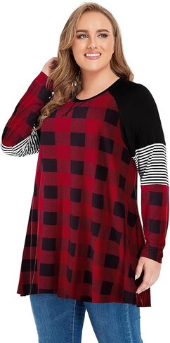 MONNURO Womens Plus Size Long Sleeve Shirts Color Block Stripe Loose Swing Tunic Tops?Red Plaid,5X in Saudi Arabia