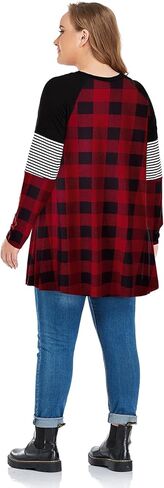 MONNURO Womens Plus Size Long Sleeve Shirts Color Block Stripe Loose Swing Tunic Tops?Red Plaid,5X in Saudi Arabia
