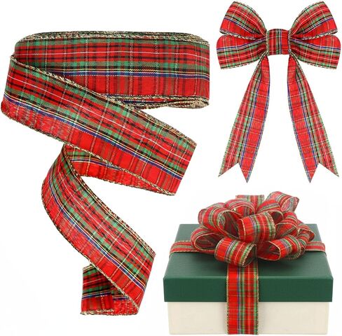 Plaid Christmas Wired Ribbon 2.5 Inches Traditional Red Tartan Plaid Christmas Holiday Ribbon Green Red Gold Plaid with Gold Edge for Garland Home Decor Gift Wrapping DIY Crafts(50 Yard) in Saudi Arabia