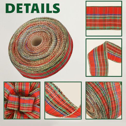 Plaid Christmas Wired Ribbon 2.5 Inches Traditional Red Tartan Plaid Christmas Holiday Ribbon Green Red Gold Plaid with Gold Edge for Garland Home Decor Gift Wrapping DIY Crafts(50 Yard) in Saudi Arabia