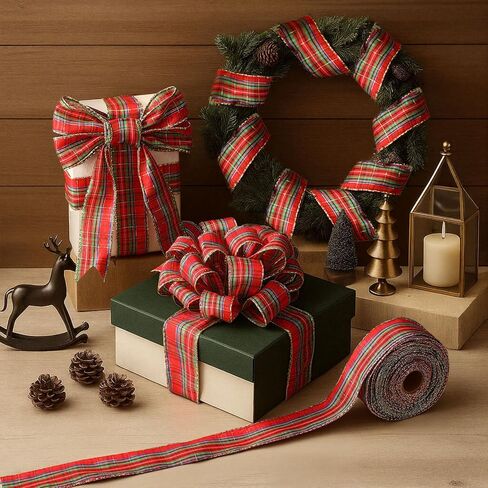 Plaid Christmas Wired Ribbon 2.5 Inches Traditional Red Tartan Plaid Christmas Holiday Ribbon Green Red Gold Plaid with Gold Edge for Garland Home Decor Gift Wrapping DIY Crafts(50 Yard) in Saudi Arabia
