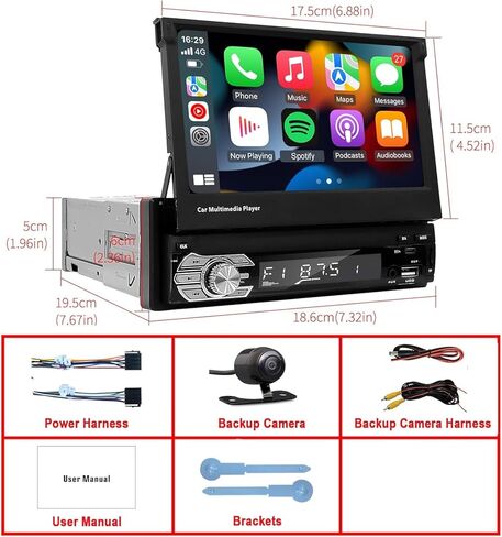 راديو سيارة قابل للطي بمحرك مزود بسلك Carplay وAndroid Auto، شاشة لمس ستيريو للسيارة بدين واحد مع كاميرا احتياطية/بلوتوث/شحن من النوع C/راديو USB/FM RDS in Kuwait