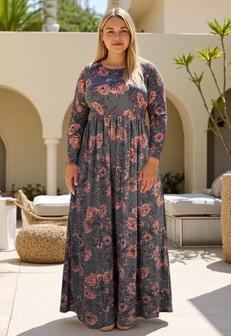 Nemidor Women Long Sleeve Loose Plain Casual Plus Size Long Maxi Dress with Pockets in Kuwait