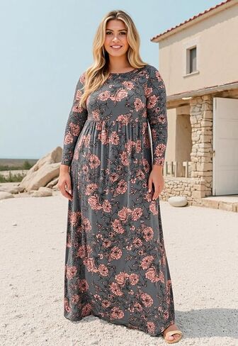 Nemidor Women Long Sleeve Loose Plain Casual Plus Size Long Maxi Dress with Pockets in Kuwait