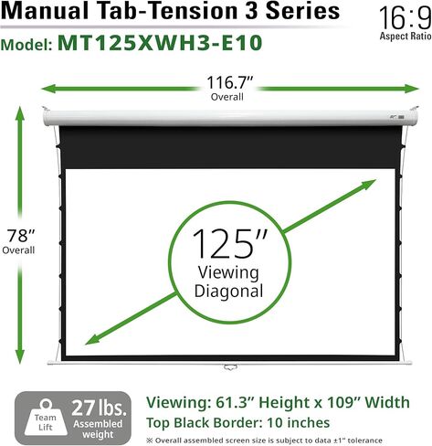 Elite Screens Manual Tab Tension 3, CineWhite®P, 110-INCH with Extra 12" Drop Pull Down Projector Movie Screen Gaming Presentations ISF Certified, MT110XWH3-E12 in Kuwait