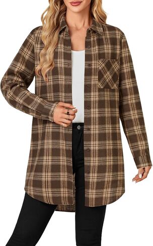 OPOIPIN Women's Casual Mid-Long Flannel Shirt Plaid Collar Button Down Long Sleeve Blouse Top in Kuwait
