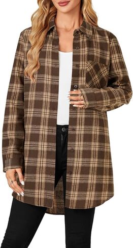 OPOIPIN Women's Casual Mid-Long Flannel Shirt Plaid Collar Button Down Long Sleeve Blouse Top in Kuwait