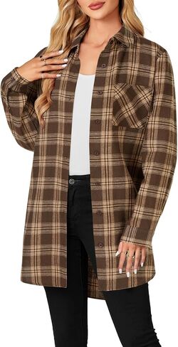 OPOIPIN Women's Casual Mid-Long Flannel Shirt Plaid Collar Button Down Long Sleeve Blouse Top in Kuwait