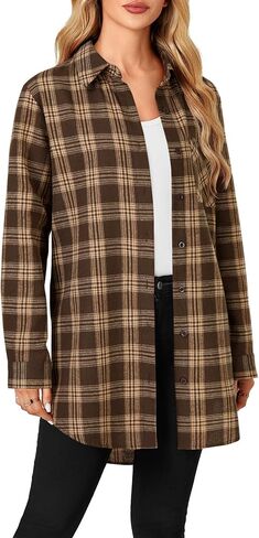 OPOIPIN Women's Casual Mid-Long Flannel Shirt Plaid Collar Button Down Long Sleeve Blouse Top in Kuwait