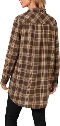 OPOIPIN Women's Casual Mid-Long Flannel Shirt Plaid Collar Button Down Long Sleeve Blouse Top in Kuwait