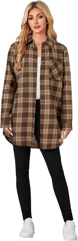 OPOIPIN Women's Casual Mid-Long Flannel Shirt Plaid Collar Button Down Long Sleeve Blouse Top in Kuwait