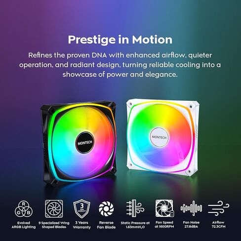 MONTECH AX 120MM - PWM Fan - Silent Performance - High Speed 1600PWM - High-End Durability with HDB Bearing - Stunning Outer Ring ARGB Lighting Design – 3 in 1 Pack with 6X6 Fan Hub (AX120-3in1-W) in Kuwait