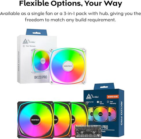 MONTECH AX 120MM - PWM Fan - Silent Performance - High Speed 1600PWM - High-End Durability with HDB Bearing - Stunning Outer Ring ARGB Lighting Design – 3 in 1 Pack with 6X6 Fan Hub (AX120-3in1-W) in Kuwait