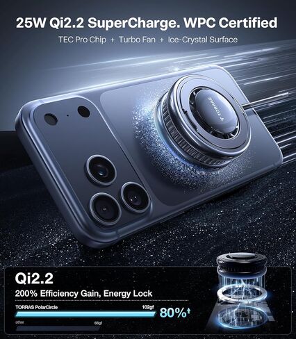 TORRAS PolarCircle Qi2 Mag-Safe Charger, Semiconductor Cooling 15W Wireless Charger for iPhone 16/15/14/13/12, Magnetic Charging Pad with 360°Spin Stand, Phone Cooler for Gaming and Live Streamin in Kuwait
