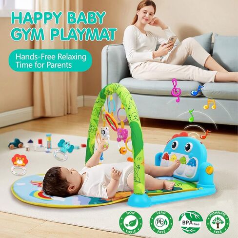 Baby Gym Play Mats Baby Toys Tummy Time Mat Toys Musical Activity Center for Newborn Infant Toys Piano Baby Play Mat Music & Light Newborn Infant Gifts for Baby Toys 0-3 6 9 12 Months, Dinosaur Style in Kuwait
