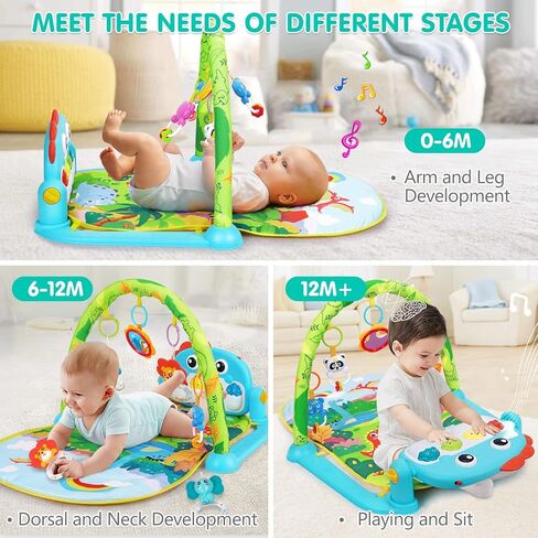 Baby Gym Play Mats Baby Toys Tummy Time Mat Toys Musical Activity Center for Newborn Infant Toys Piano Baby Play Mat Music & Light Newborn Infant Gifts for Baby Toys 0-3 6 9 12 Months, Dinosaur Style in Kuwait