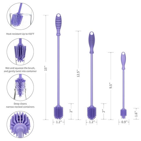 فرشاة تنظيف الزجاجات من السيليكون، مرنة، مقبض طويل - منظف زجاجات المياه، فرشاة حلمة زجاجات الأطفال للبلاستيك والزجاج، فرشاة غسيل الأطباق خالية من مادة BPA لحماية A2S in Kuwait