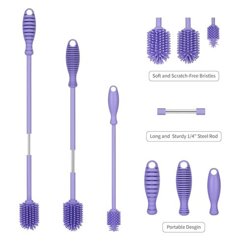 فرشاة تنظيف الزجاجات من السيليكون، مرنة، مقبض طويل - منظف زجاجات المياه، فرشاة حلمة زجاجات الأطفال للبلاستيك والزجاج، فرشاة غسيل الأطباق خالية من مادة BPA لحماية A2S in Kuwait