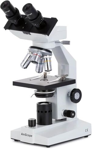 AmScope B100 Compound Binocular Microscope, 40X-1000X Magnification, Brightfield, Tungsten Illumination, Abbe Condenser, Plain Stage in Saudi Arabia