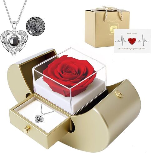 Preserved Red Real Rose Box with I Love You in 100 Languages Necklace,Gifts for Girlfriend/Women/Mom/Wife/Best Friend on Valentine's Day/Birthday/Christmas in Kuwait