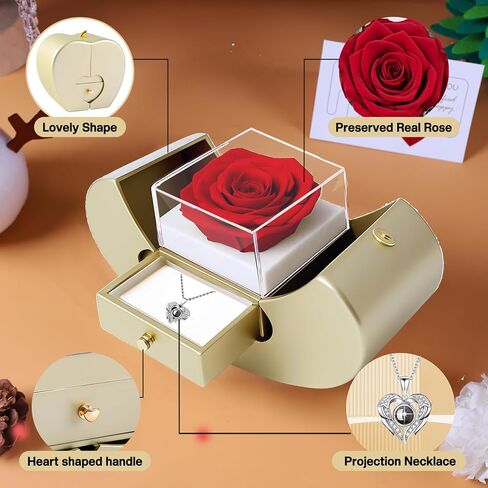Preserved Red Real Rose Box with I Love You in 100 Languages Necklace,Gifts for Girlfriend/Women/Mom/Wife/Best Friend on Valentine's Day/Birthday/Christmas in Kuwait