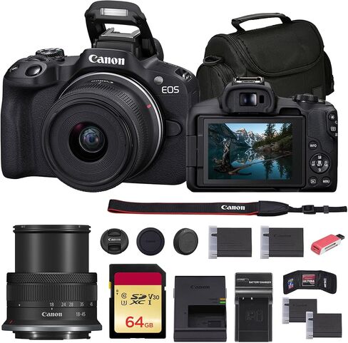 Canon EOS R50 Mirrorless Camera with 18-45mm Lens (White) (5812C012) + 64GB Memory Card + Bag + Charger + LPE17 Battery + Card Reader + Memory Wallet + Cleaning Kit (Renewed) in Saudi Arabia